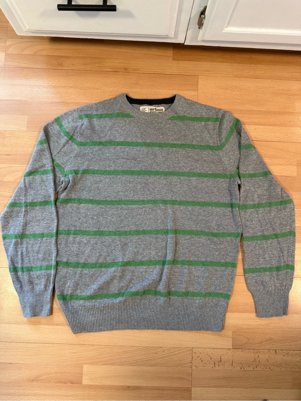 urban pipeline Gray Crewneck Sweater with Green Stripes